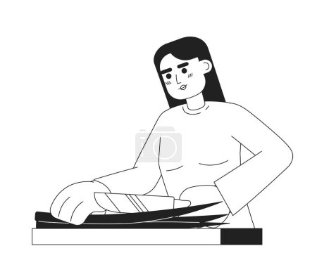 Illustration for Woman cutting green onion monochromatic flat vector character. Editable thin line half body female cooking character on white. Chef cut green onion. Simple bw cartoon spot image for web graphic design - Royalty Free Image