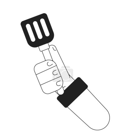 Téléchargez les illustrations : Chef main tenir spatule plat monochrome plat vecteur objet. Ustensiles de cuisine. Outil de cuisine. Icône de ligne mince noire et blanche modifiable. Illustration simple de point de clip de dessin animé pour la conception graphique Web - en licence libre de droit