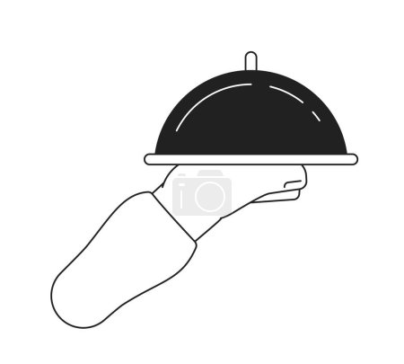 Illustration for Hand hold silver cloche flat monochrome flat vector object. Waiter hand and tray on it. Editable black and white thin line icon. Simple cartoon clip art spot illustration for web graphic design - Royalty Free Image