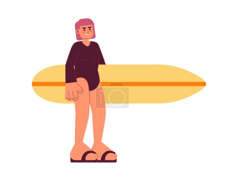 Téléchargez les illustrations : Surfeur fille tenant planche de surf semi plat personnage vecteur coloré. Surfeur combinaison femme debout. Editable personne du corps entier sur blanc. Illustration simple de spot de dessin animé pour la conception graphique web - en licence libre de droit