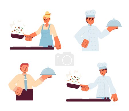 Illustration for People cooking semi flat colorful vector characters set. Editable thin line half body of male and female on white. Food serving. Simple cartoon spot illustration pack for web graphic design - Royalty Free Image