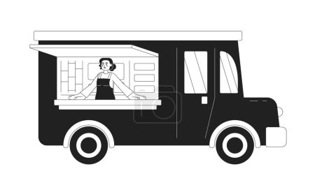 Ilustración de Chica feliz en camión de alimentos monocromático carácter vector plano. Editable línea delgada mitad cuerpo cocinero femenino cocina y venta de comida callejera en blanco. Simple imagen spot de dibujos animados bw para el diseño gráfico web - Imagen libre de derechos