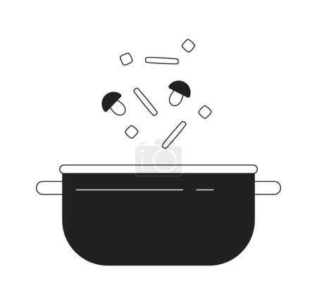 Téléchargez les illustrations : Ajouter les légumes dans la casserole monochrome plat vecteur objet. Couper les champignons frais pour la soupe. Icône de ligne mince noire et blanche modifiable. Illustration simple de point de clip de dessin animé pour la conception graphique Web - en licence libre de droit