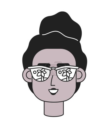 Illustration for Black woman sunglasses smiling with afro monochrome flat linear character head. Summer girl. Editable outline hand drawn human face icon. 2D cartoon spot vector avatar illustration for animation - Royalty Free Image