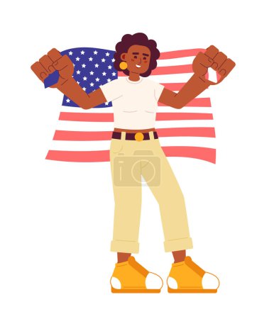 Illustration for 4th of july celebration flat vector spot illustration. African american woman holding american flag 2D cartoon character on white for web UI design. Patriot isolated editable creative hero image - Royalty Free Image