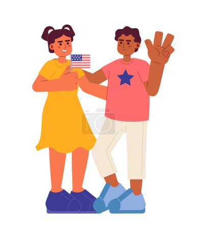 Illustration for July 4 kids flat vector spot illustration. Latina girl and african american boy celebrating america independence day 2D cartoon characters on white for web UI design. Isolated editable hero image - Royalty Free Image
