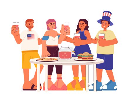 Illustration for Independence day party flat vector spot illustration. Multicultural friends celebrating happy 4th july 2D cartoon characters on white for web UI design. Barbecue isolated editable creative hero image - Royalty Free Image
