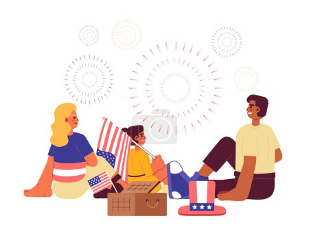 Illustration for Independence day family fireworks flat vector spot illustration. Mixed race couple with kid on fourth of july picnic 2D cartoon characters on white for web UI design. Isolated editable hero image - Royalty Free Image