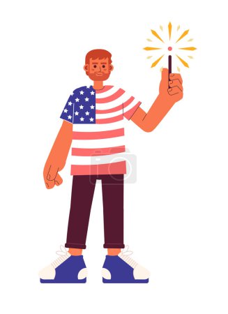 Illustration for Patriotic 4th of july flat vector spot illustration. Proud man wearing american flag tshirt with sparkler 2D cartoon character on white for web UI design. Holiday isolated editable creative hero image - Royalty Free Image