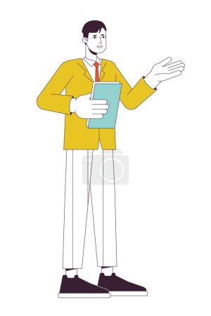 Illustration for Office man presenting business report at work flat line color vector character. Editable outline full body person on white. Manager with papers simple cartoon spot illustration for web graphic design - Royalty Free Image