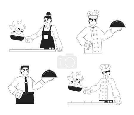 Illustration for People cooking monochromatic flat vector characters. Editable half body of male and female on white. Food serving. Simple bw cartoon spot images pack for web graphic design - Royalty Free Image