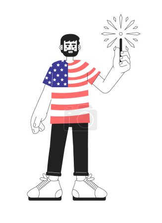 Illustration for Patriotic 4th of july monochrome vector spot illustration. Proud man wearing american flag tshirt with sparkler 2D flat bw cartoon character for web UI design. Isolated editable hand drawn hero image - Royalty Free Image