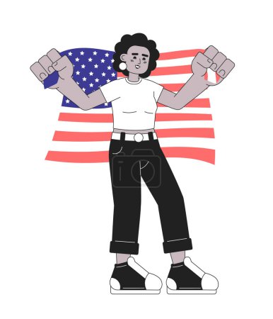 Illustration for 4th of july celebration monochrome vector spot illustration. African american woman holding american flag 2D flat bw cartoon character for web UI design. Isolated editable hand drawn hero image - Royalty Free Image