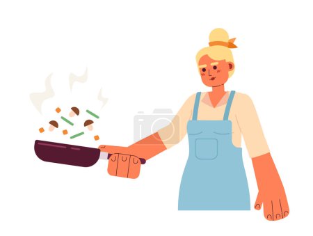 Illustration for Blonde woman flipping vegetables semi flat colorful vector character. Editable half body chef frying food on steel pan on white. Simple cartoon spot illustration for web graphic design - Royalty Free Image