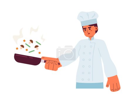 Illustration for Man in chef hat with pan semi flat colorful vector character. Editable half body caucasian man flipping vegetables on white. Simple cartoon spot illustration for web graphic design - Royalty Free Image