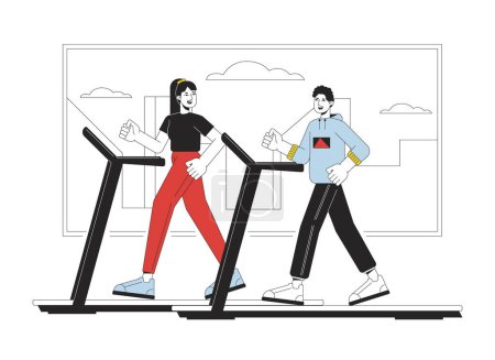 Illustration for People on treadmill flat line concept vector spot illustration. Sportsmen in gym 2D cartoon outline characters on white for web UI design. Healthy lifestyle editable isolated colorful hero image - Royalty Free Image
