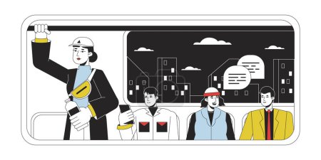 Ilustración de Commuters in metro wagon flat line concept vector spot illustration. Personas sentadas cerca de la iluminación 2D dibujo animado contorno de carácter en blanco para el diseño de interfaz de usuario web. Editable imagen de héroe colorido aislado - Imagen libre de derechos