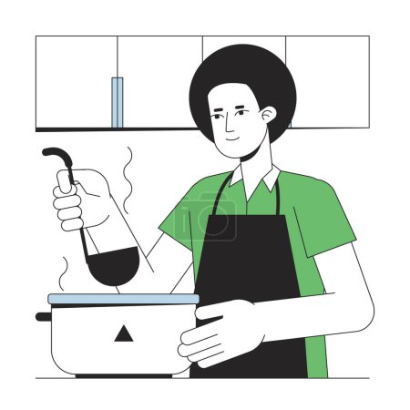 Illustration for Young man cooking soup flat line concept vector spot illustration. Food preparation 2D cartoon outline character on white for web UI design. Kitchen appliance editable isolated colorful hero image - Royalty Free Image