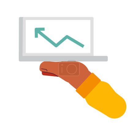 Illustration for Hand show laptop semi flat colour vector object. Financial chart with arrow on screen. Editable cartoon clip art icon on white background. Simple spot illustration for web graphic design - Royalty Free Image