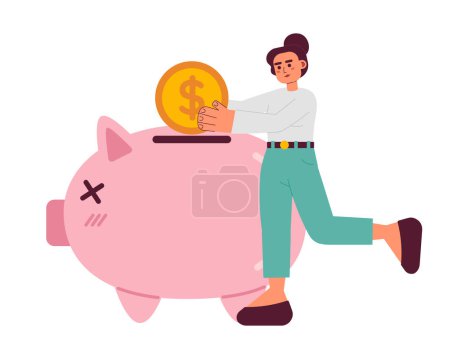 Illustration for Young woman invest coin into piggy bank 2D vector isolated spot illustration. Flat businesswoman investing on white background. Financial operations colorful editable scene - Royalty Free Image