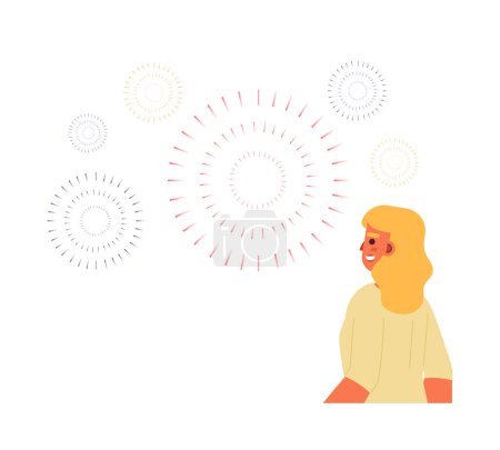 Ilustración de Mujer rubia caucásica viendo fuegos artificiales semi plana personaje vector colorido. Día del Trabajo en América. Persona de medio cuerpo editable en blanco. Ilustración simple de dibujos animados para el diseño gráfico web - Imagen libre de derechos