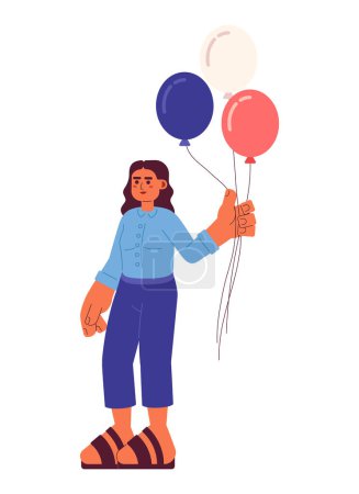 Illustration for Arabic young woman holding red white and blue balloons semi flat colorful vector character. US holiday. Editable full body person on white. Simple cartoon spot illustration for web graphic design - Royalty Free Image