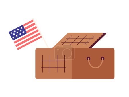 Illustration for Picnic basket with american flag semi flat colour vector object. Independence day usa celebration. Editable cartoon clip art icon on white background. Simple spot illustration for web graphic design - Royalty Free Image