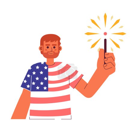Illustration for Patriotic caucasian man holding sparkler semi flat colorful vector character. Wearing american flag tshirt. Editable half body person on white. Simple cartoon spot illustration for web graphic design - Royalty Free Image
