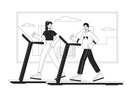 Illustration for People on treadmill bw concept vector spot illustration. Sportsmen in gym 2D cartoon flat line monochromatic character for web UI design. Healthy lifestyle editable isolated outline hero image - Royalty Free Image