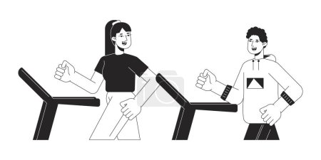 Illustration for Sportsmen in gym flat line black white vector characters. Editable outline half body people on treadmill on white. Everyday activity simple cartoon isolated spot illustration for web graphic design - Royalty Free Image