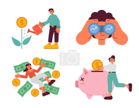 Illustration for Young investors semi flat colorful vector characters pack. Editable full body investing characters on white. Simple cartoon spot illustrations set for web graphic design - Royalty Free Image