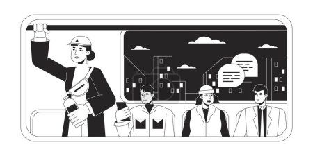 Illustration for Commuters in metro wagon bw concept vector spot illustration. People sitting near illumination 2D cartoon flat line monochromatic character for web UI design. Editable isolated outline hero image - Royalty Free Image