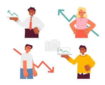 Illustration for Young perspective semi flat colorful vector characters pack. Editable half body investing characters with diagrams progress on white. Simple cartoon spot illustrations set for web graphic design - Royalty Free Image
