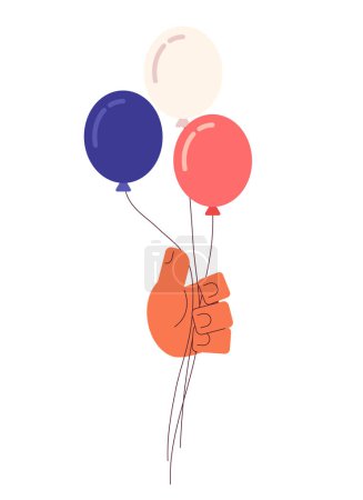 Illustration for Red white and blue balloons holding semi flat colorful vector hand. Independence day america. Patriotism party. Editable clip art on white. Simple cartoon spot illustration for web graphic design - Royalty Free Image