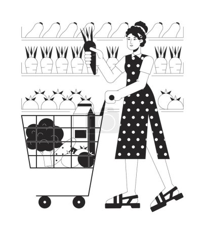 Illustration for Woman buy vegetables bw concept vector spot illustration. Lady with full shopping cart 2D cartoon flat line monochromatic character for web UI design. Shopping editable isolated outline hero image - Royalty Free Image