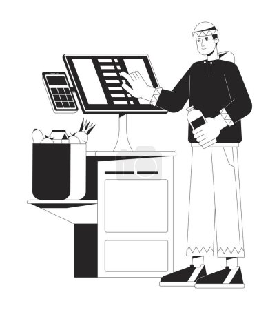 Illustration for Man near self service terminal bw concept vector spot illustration. Payment for purchases 2D cartoon flat line monochromatic character for web UI design. Shopping editable isolated outline hero image - Royalty Free Image
