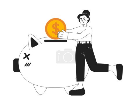 Illustration for Young woman invest coin 2D vector monochrome isolated spot illustration. Flat hand drawn businesswoman investing on white background. Financial operation editable outline cartoon scene - Royalty Free Image