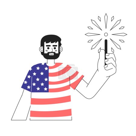 Illustration for Patriotic caucasian man holding sparkler monochromatic flat vector character. Wearing american flag tshirt. Editable line half body person on white. Simple bw cartoon spot image for web graphic design - Royalty Free Image