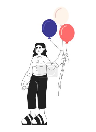 Illustration for Arabic young woman holding red white and blue balloons monochromatic flat vector character. US holiday. Editable line full body person on white. Simple bw cartoon spot image for web graphic design - Royalty Free Image