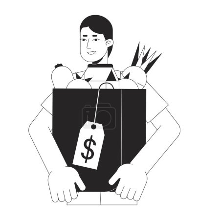 Illustration for Man holds packet with goods flat line black white vector character. Editable outline half body man with purchases on white. Shopping simple cartoon isolated spot illustration for web graphic design - Royalty Free Image