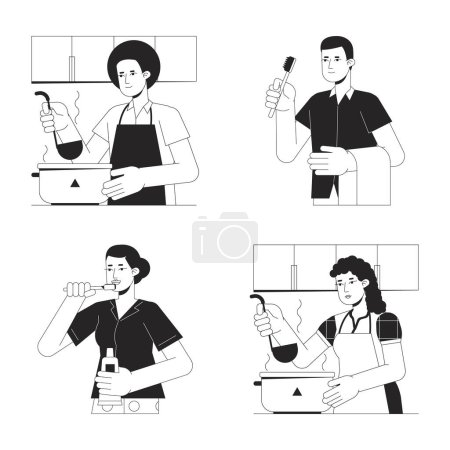 Illustration for Busy people at home flat line black white vector characters set. Editable outline full body people cooking and brushing teeth on white. Routine cartoon spot illustrations set for web graphic design - Royalty Free Image