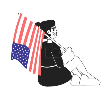 Illustration for Mixed race girl with american flag sitting monochromatic flat vector character. Patriotism national flag. Editable line full body person on white. Simple bw cartoon spot image for web graphic design - Royalty Free Image
