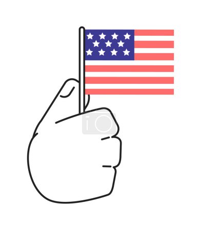 Illustration for American flag holding monochromatic flat vector hand. Patriotism celebration. Waving flag. Patriotic 4th of july. Editable line clip art on white. Simple bw cartoon spot image for web graphic design - Royalty Free Image