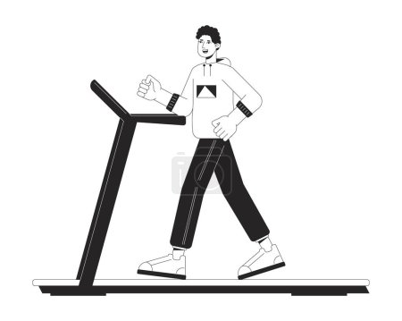Illustration for Sportsman run on treadmill flat line black white vector character. Editable outline full body of active man. Sport in gym simple cartoon isolated spot illustration for web graphic design - Royalty Free Image