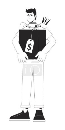 Illustration for Unhappy man hold bag with purchases flat line black white vector character. Editable outline full body busy person with goods. Simple cartoon isolated spot illustration for web graphic design - Royalty Free Image