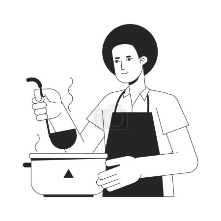 Illustration for Man cooking flat line black white vector character. Editable outline half body young person holding ladle. Everyday activity simple cartoon isolated spot illustration for web graphic design - Royalty Free Image
