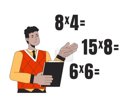 Illustration for African american teacher teaching math flat line color vector character. Editable outline half body man show math exercises on white. Education simple cartoon spot illustration for web graphic design - Royalty Free Image