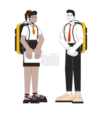 Illustration for Teenagers in school uniform communicate flat line color vector characters. Editable outline full body education characters on white. Students simple cartoon spot illustration for web graphic design - Royalty Free Image