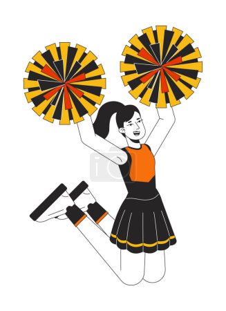 Illustration for Cheerleader girl jumping flat line color vector character. Editable outline full body schoolgirl in uniform with cheerleading poms on white. Simple cartoon spot illustration for web graphic design - Royalty Free Image