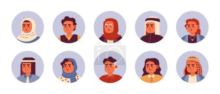 Illustration for Arabian multicultural people semi flat colour vector character heads pack. Muslim people. Colorful avatar icons. Editable cartoon style emotions. Simple spot illustration bundle for web graphic design - Royalty Free Image
